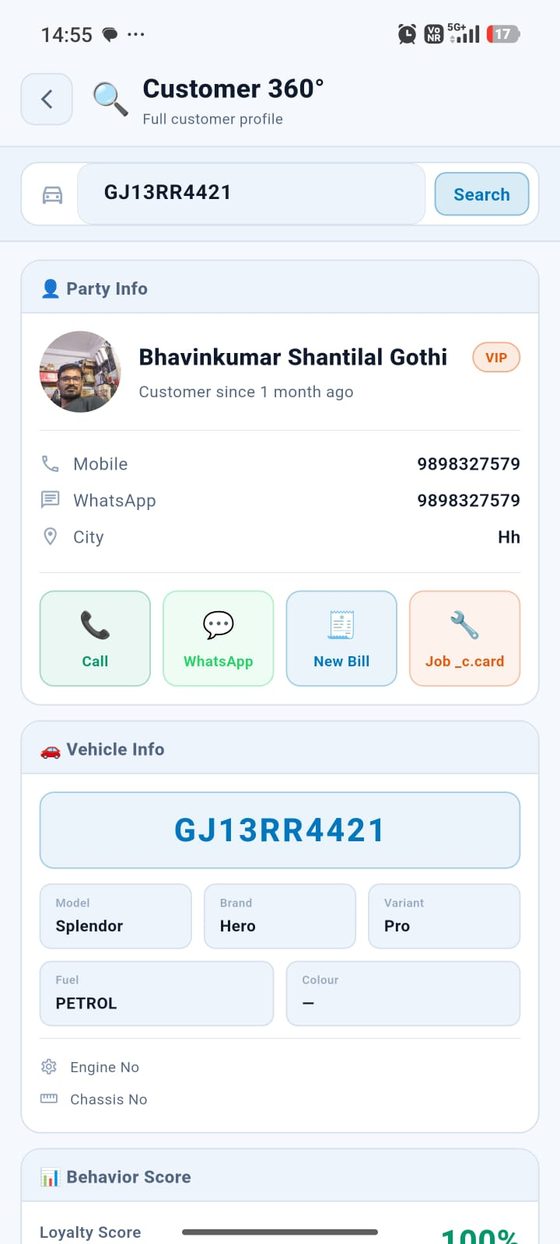 Customer 360 profile with photo, VIP status and quick action buttons