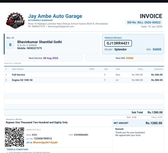 Sample GST invoice PDF generated by Parshwa Garage Pro with QR code and bank details